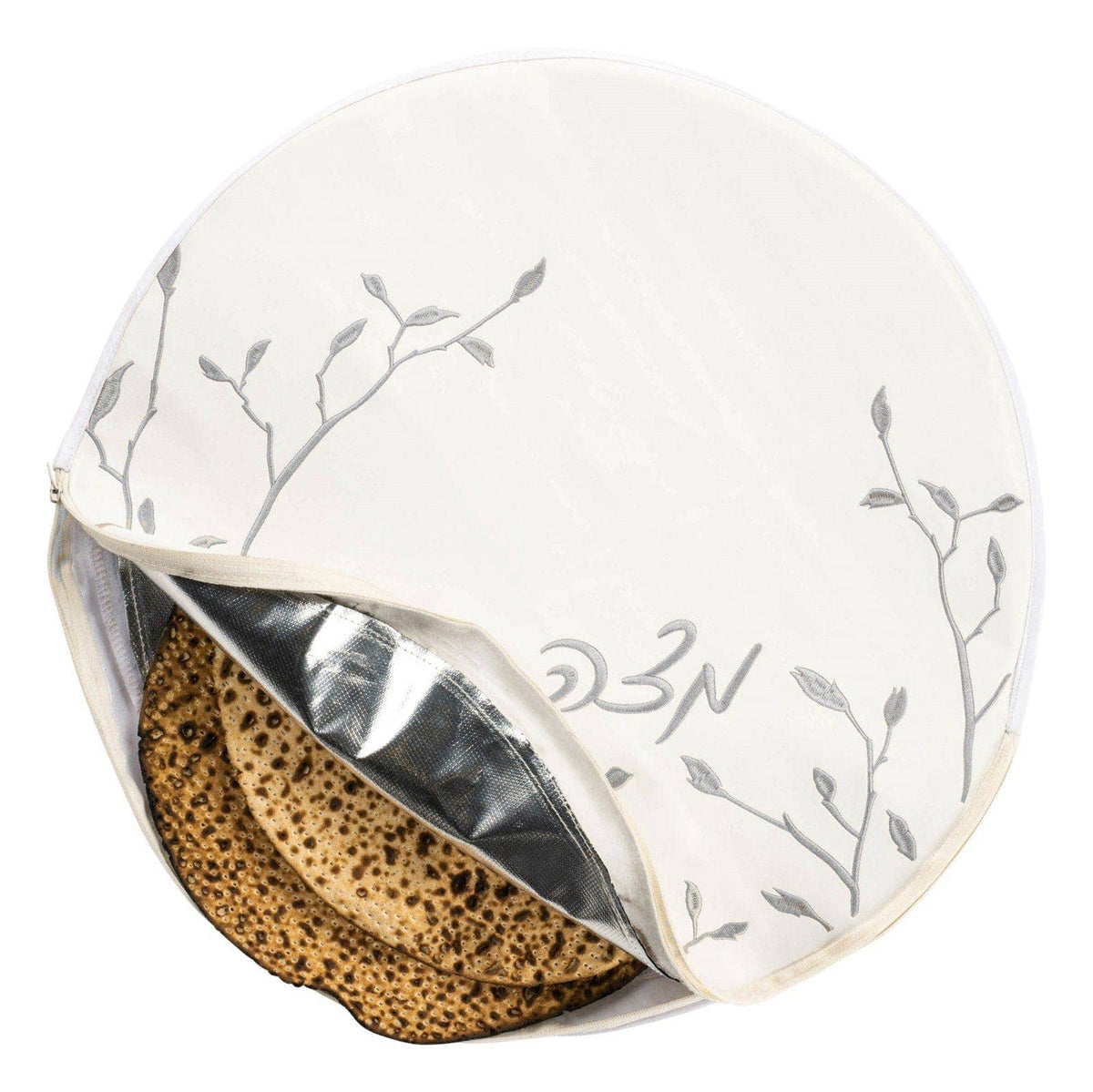Leatherette Leaf Embroidered Matzah Pouch Cover: Silver