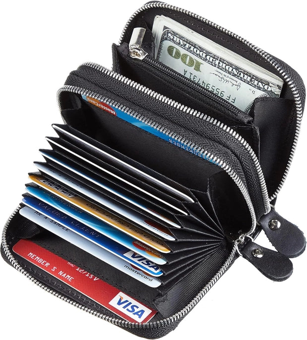 Leather Credit Card Holder& Wallet with Zipper - Black