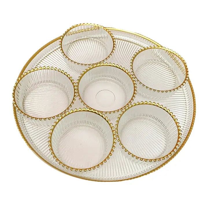 Glass Seder Plate ribbed with Gold Trim - with 6 Bowls
