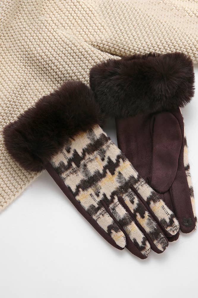 Wide Houndstooth Pattern with Faux Fur Trim Glove