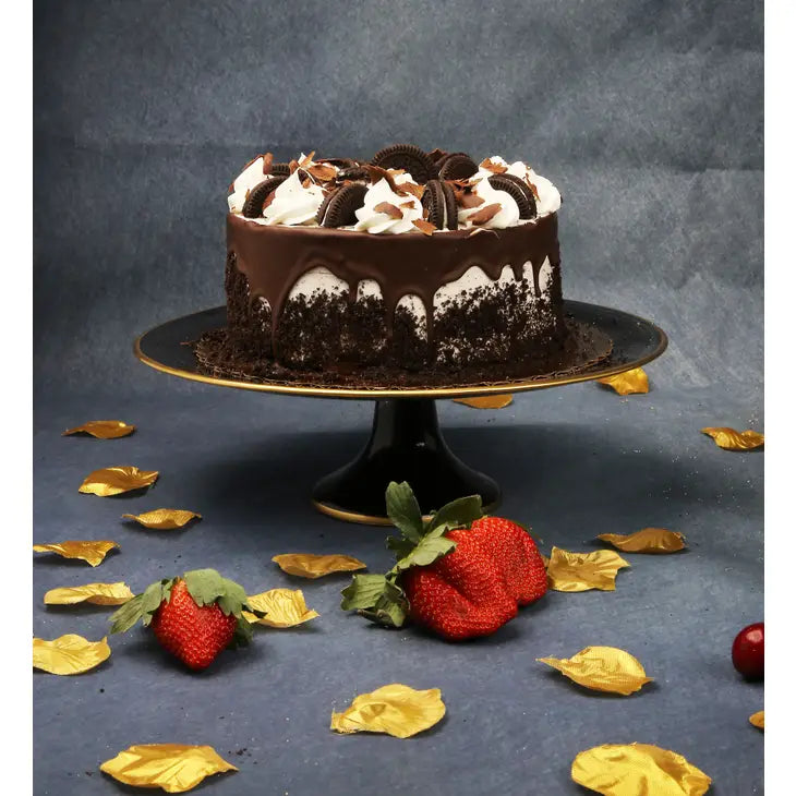Assiette à gâteau en albâtre noir sur pied avec bordure dorée