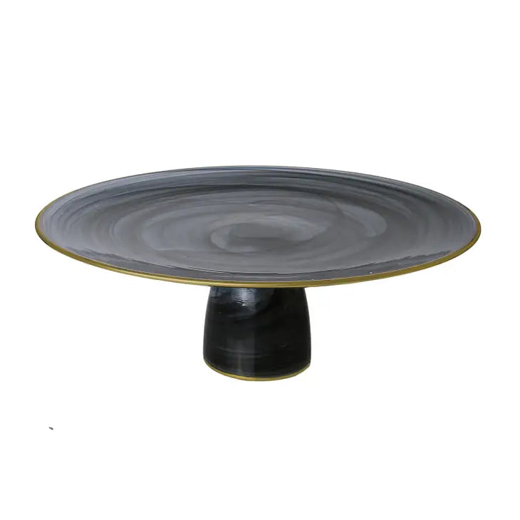 Assiette à gâteau en albâtre noir sur pied avec bordure dorée