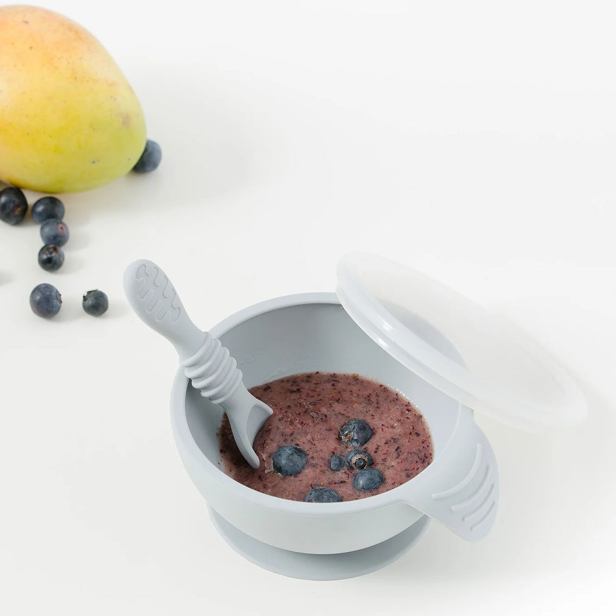 Ensemble de premier repas en silicone avec couvercle et cuillère - Gris