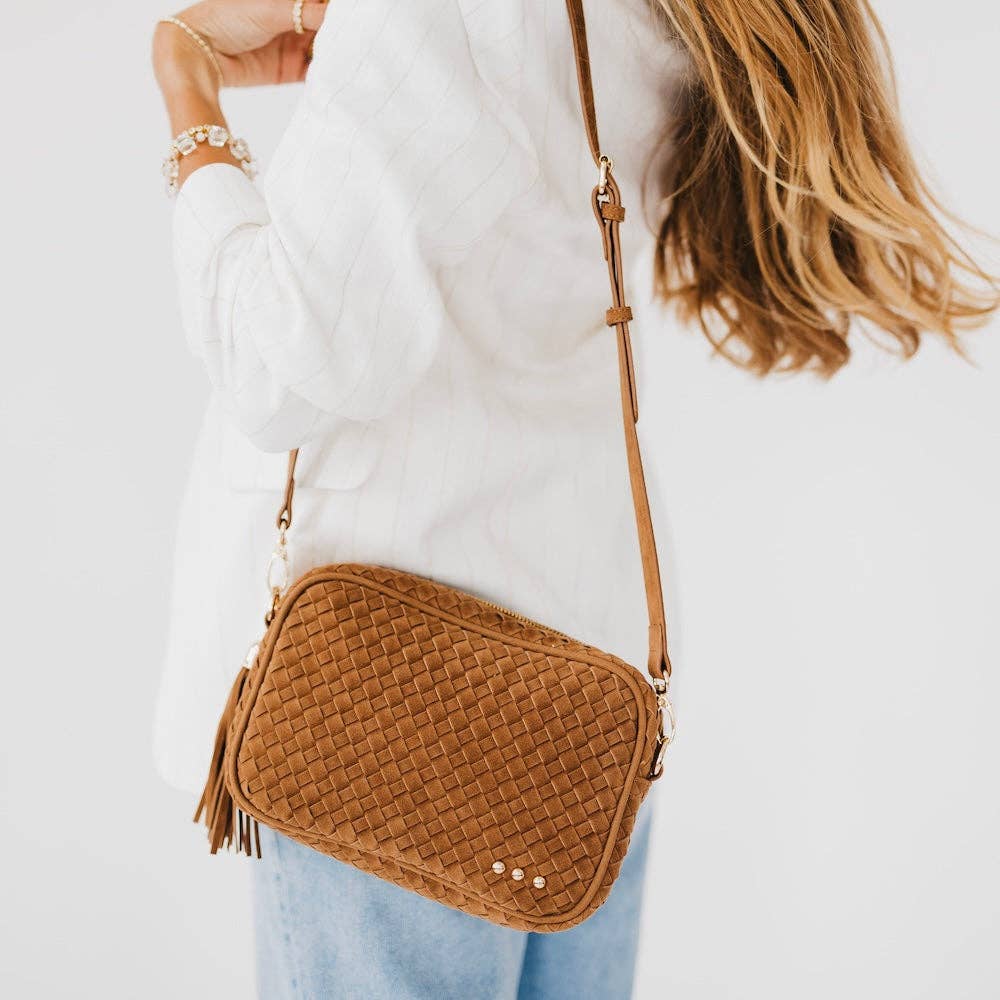Suede Woven Camera Crossbody Bag - camel