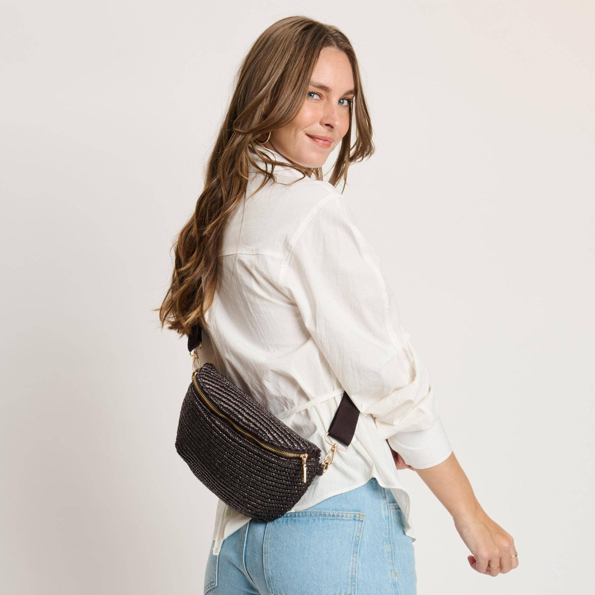 Grand sac banane tissé à carreaux - chocolat