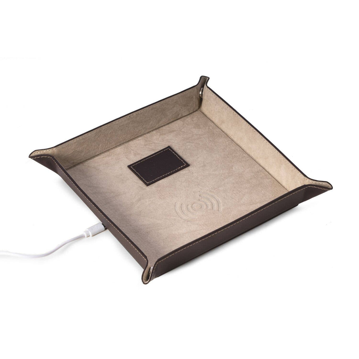 Plateau en cuir marron avec chargeur sans fil