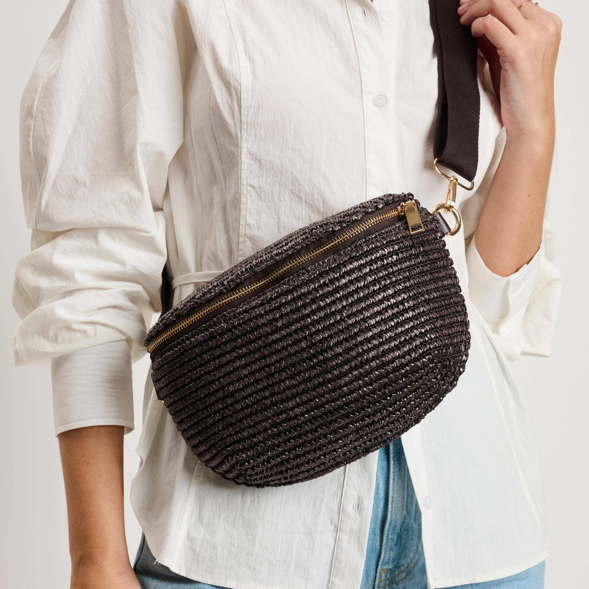 Large woven Checker Belt Bag- chocolate