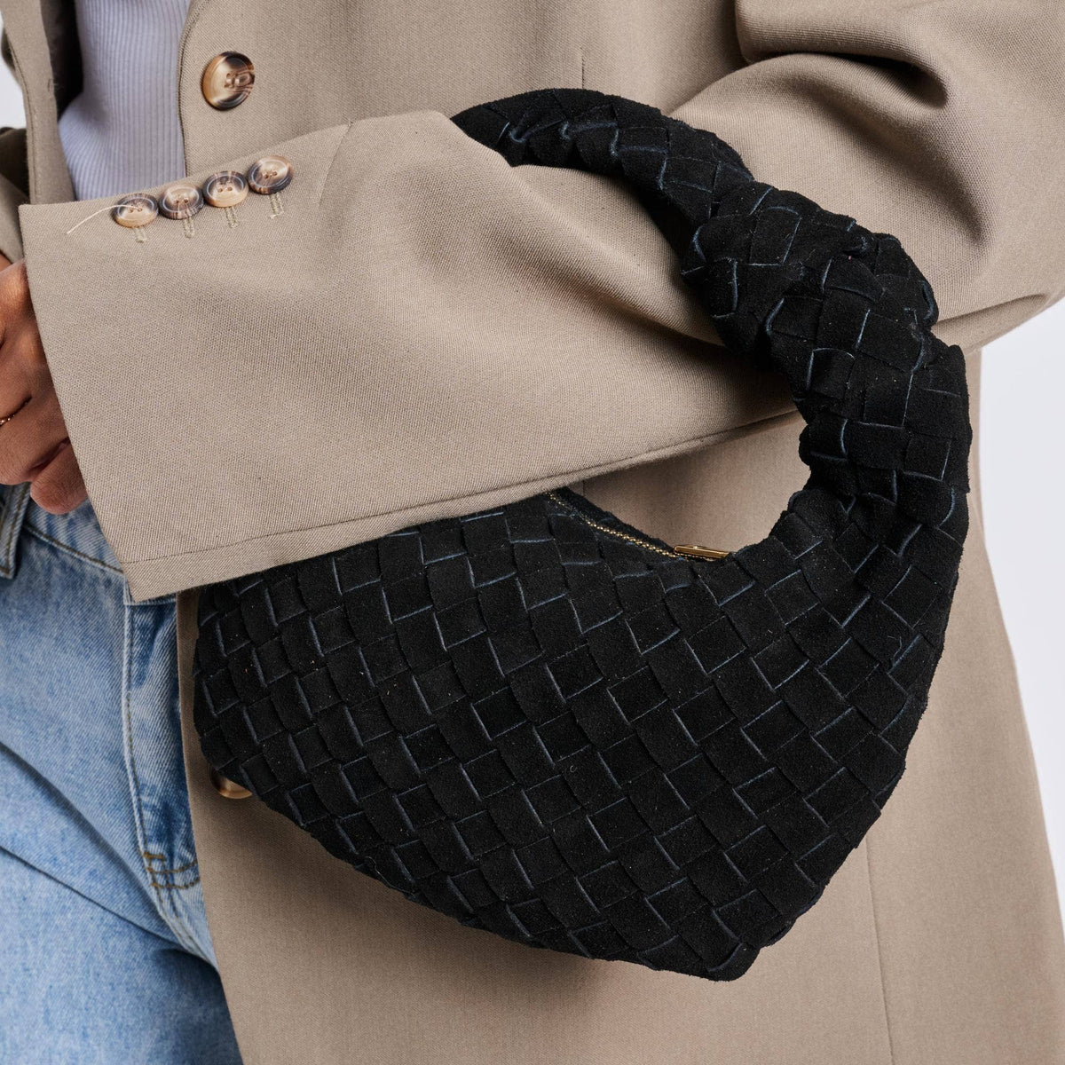 Woven Genuine Suede Leather Clutch - black