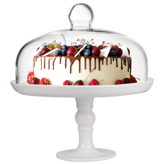 Présentoir à gâteaux sur pied et dôme transparent - blanc