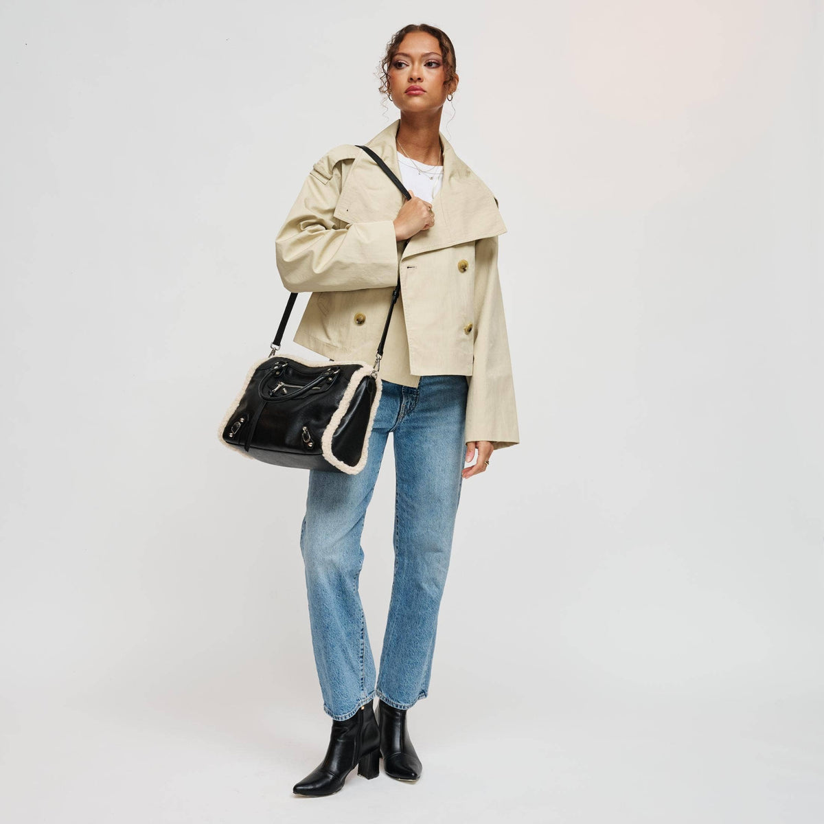 Shearling-trim vegan leather Satchel - black