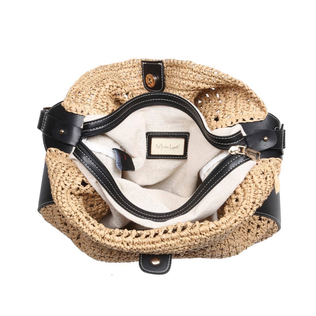 Straw woven Hobo tote bag - black trim