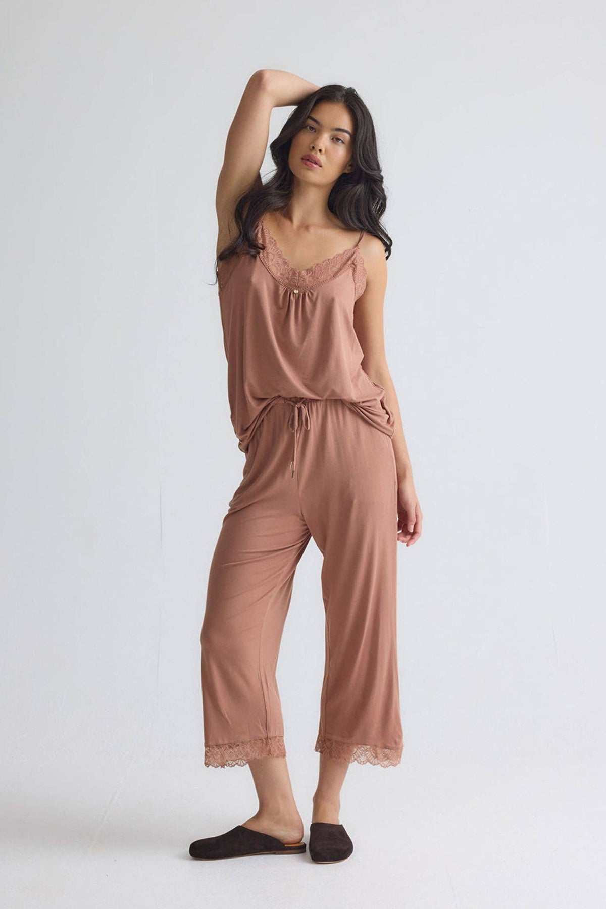 Bamboo Lace Cami Cropped Trouser Pajama Set - Mocha