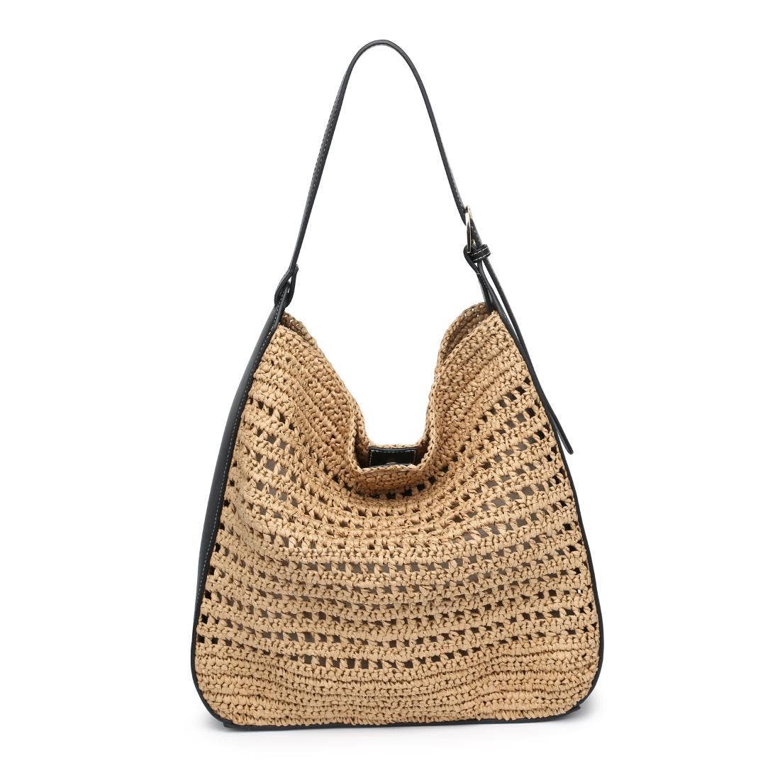 Straw woven Hobo tote bag - black trim