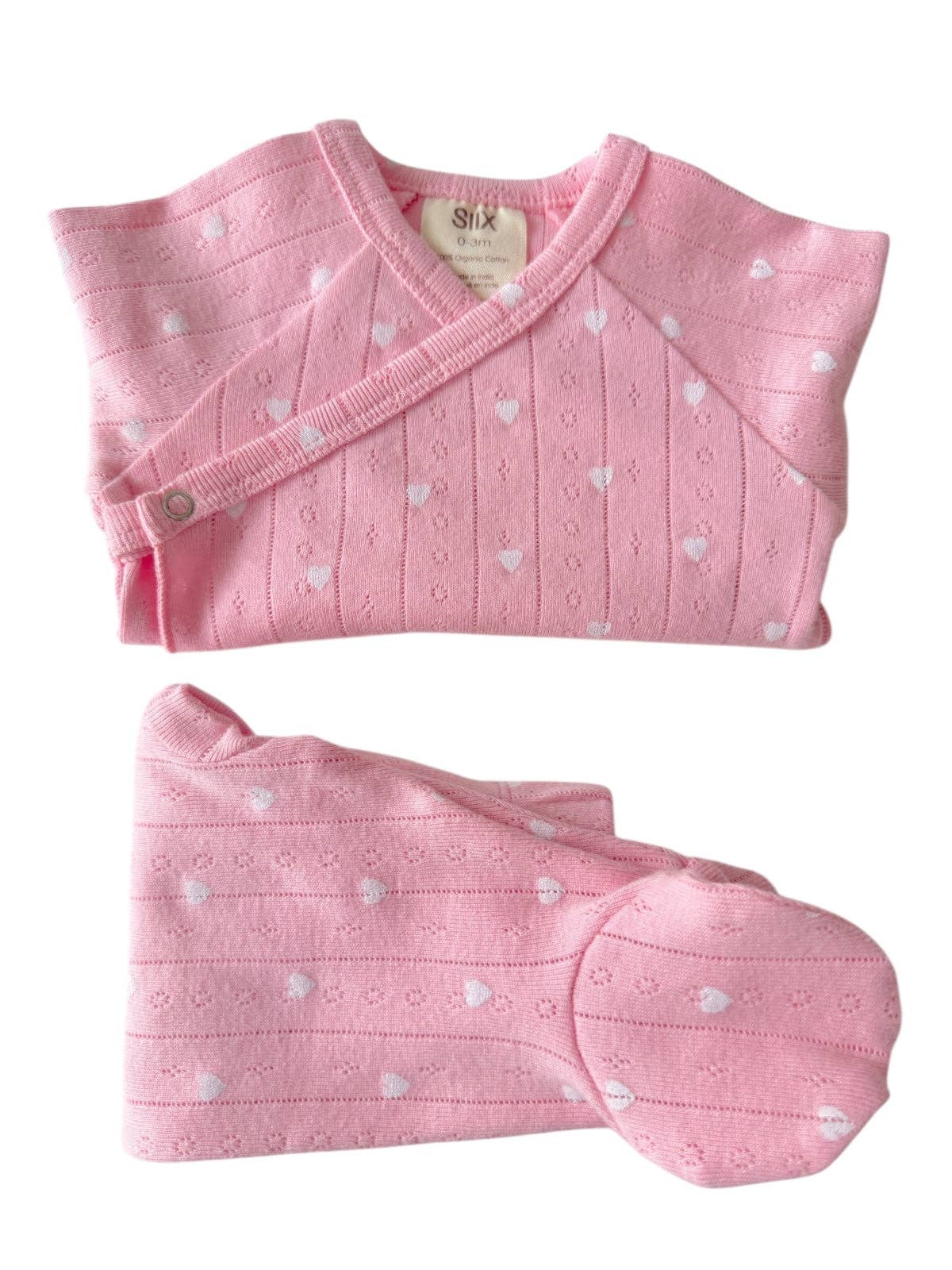 Ensemble nouveau-né rose à cœur blanc / pointelle bio