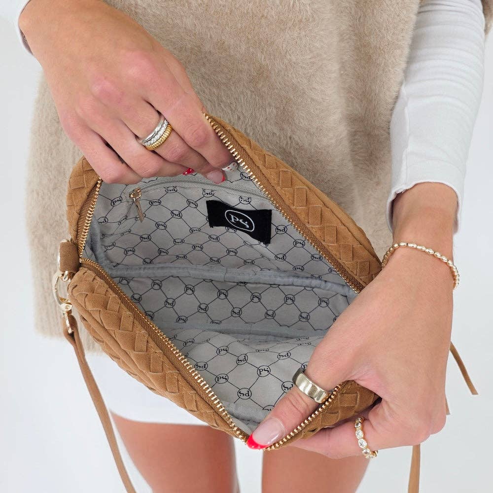 Suede Woven Camera Crossbody Bag - camel