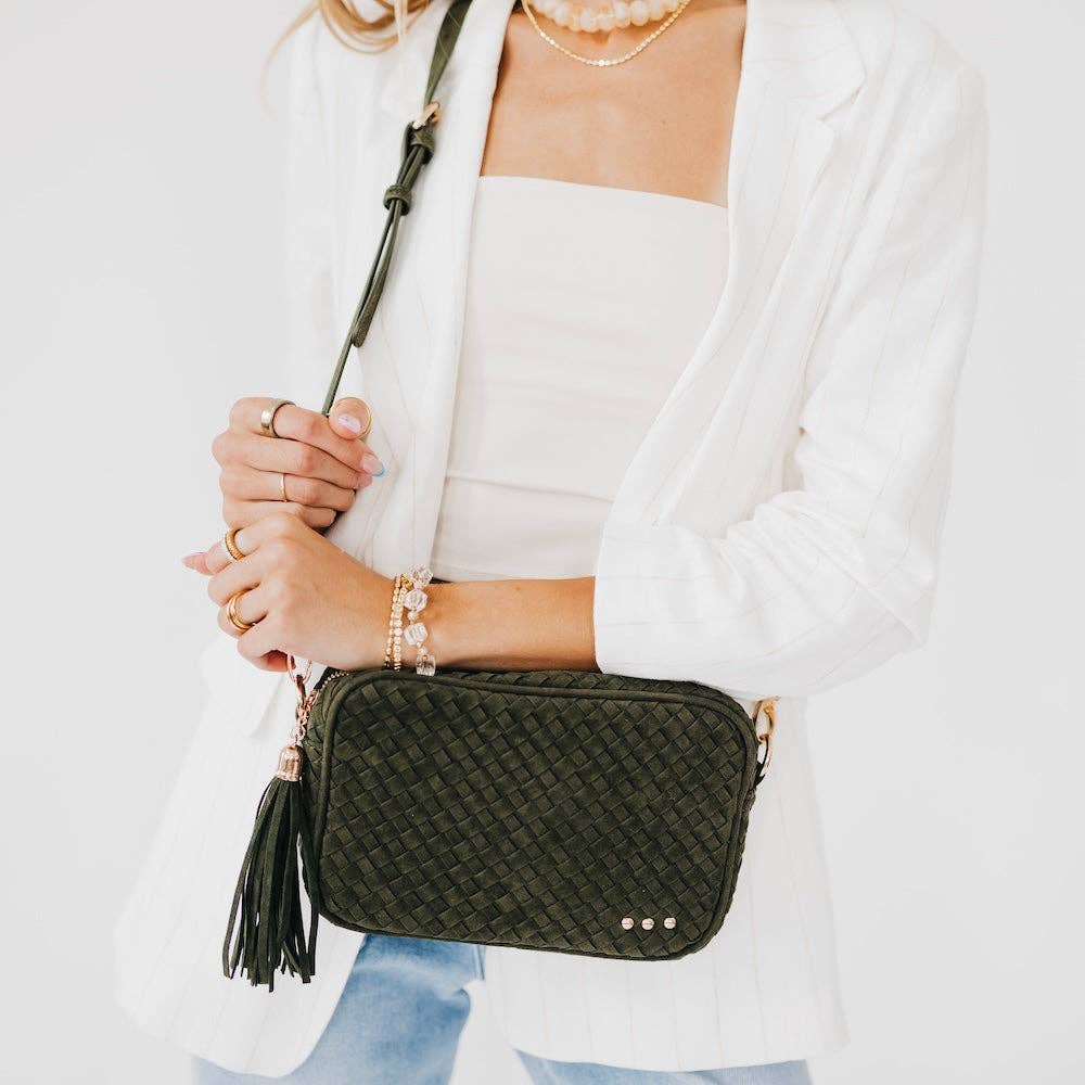 Suede Woven Camera Crossbody Bag - olive