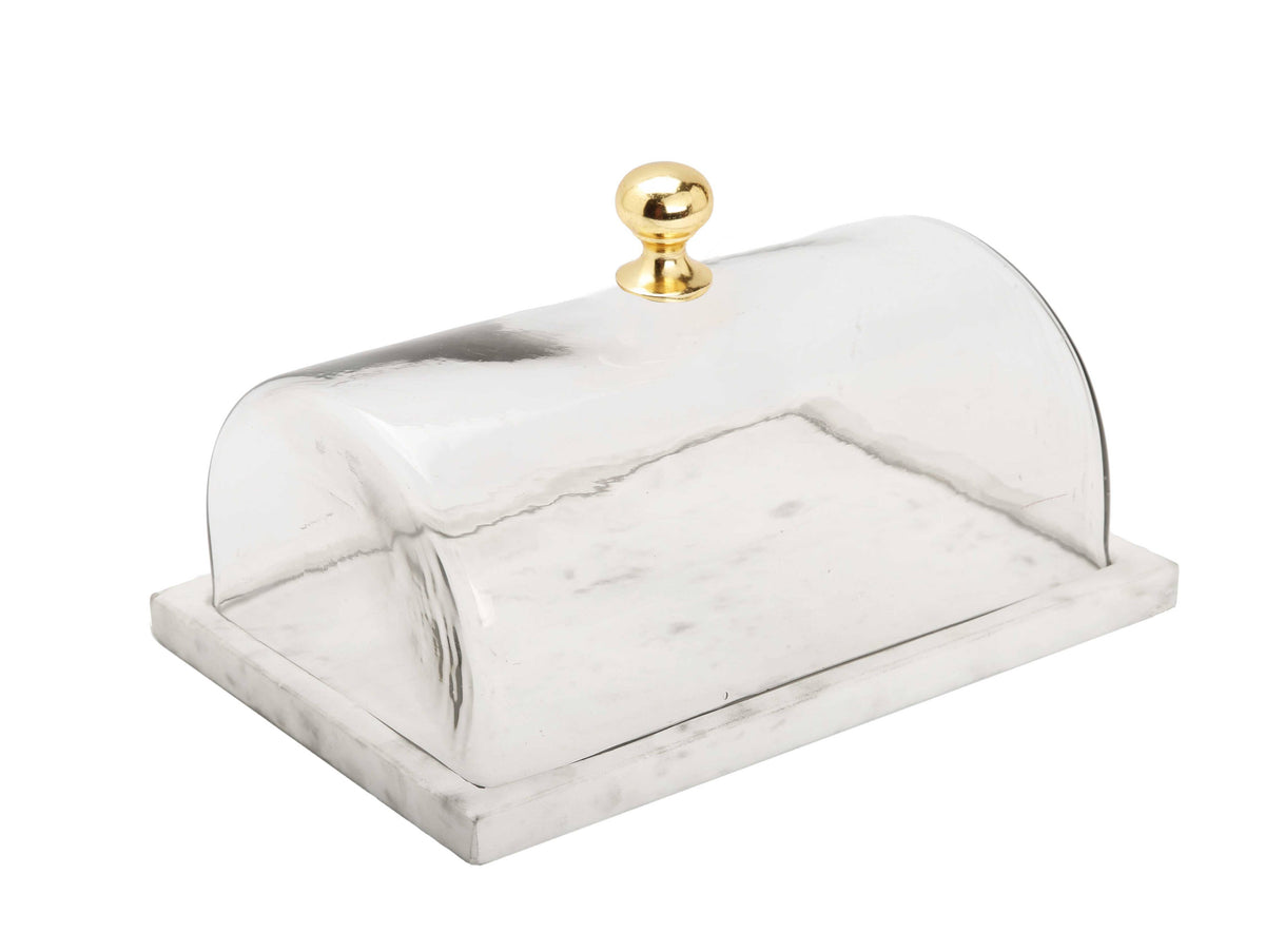 Cloche à gâteau rectangulaire en marbre avec poignée dorée - Grande