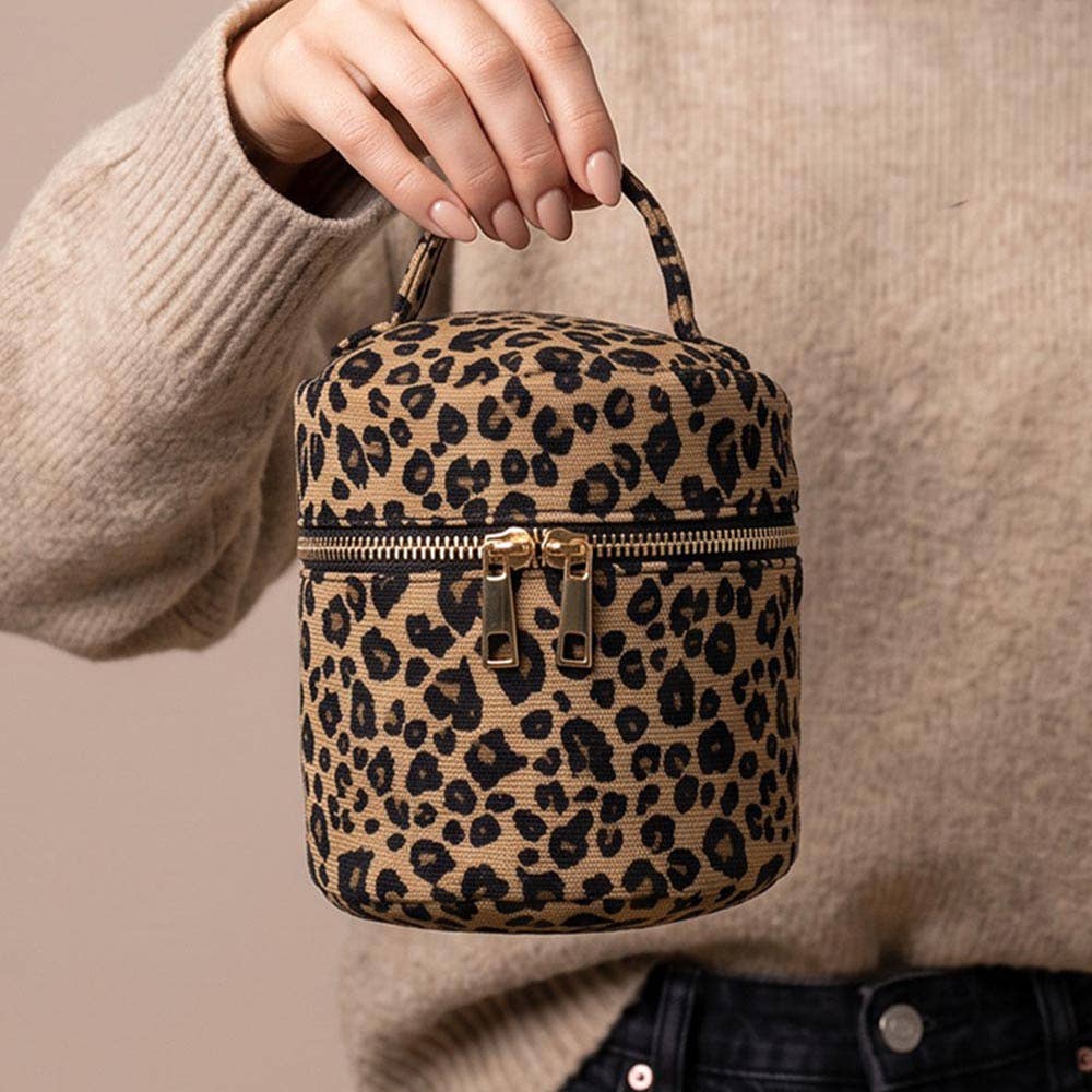 Leopard Print Cylinder Top Handle Bag
