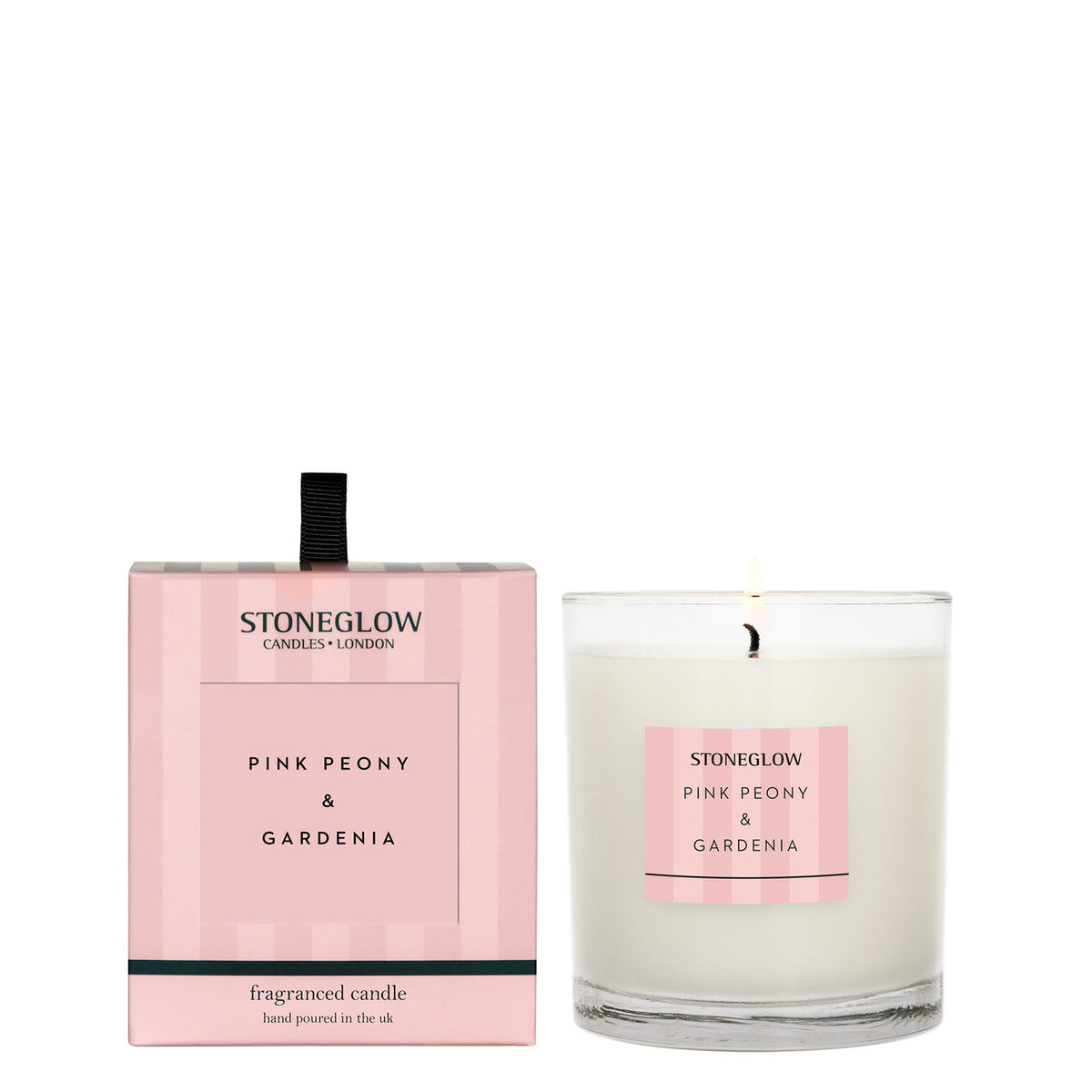 BOUGIE PARFUMÉE PIVOINE ROSE ET GARDENIA STONEGLOW - VERRE EN BOÎTE