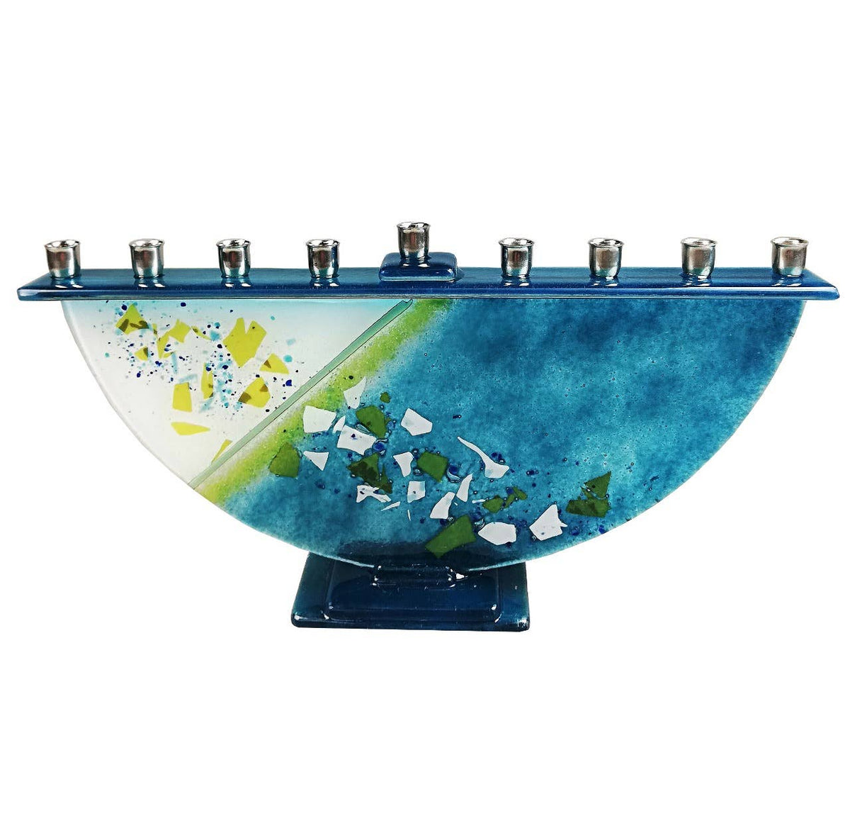 Menorah en verre fusionné faite à la main - Bleu confetti