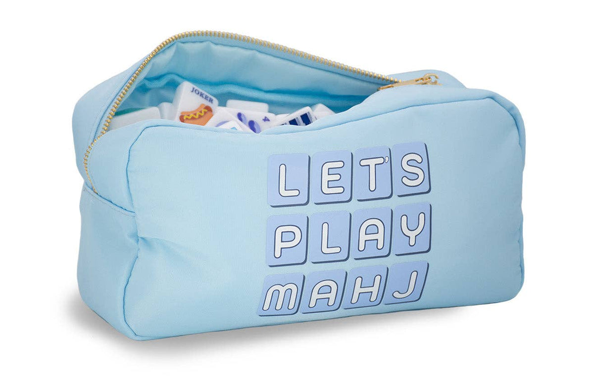 Sac à tuiles zippé en nylon "Let's Play Mahj" - bleu clair