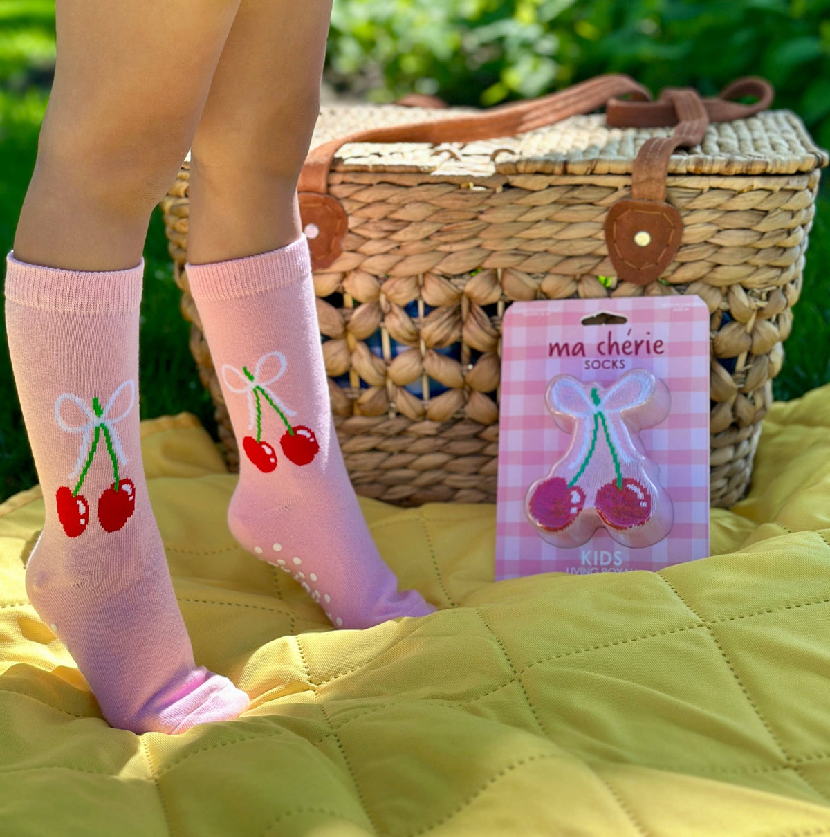 Chaussettes montantes 3D pour enfants - Motif cerises avec nœud