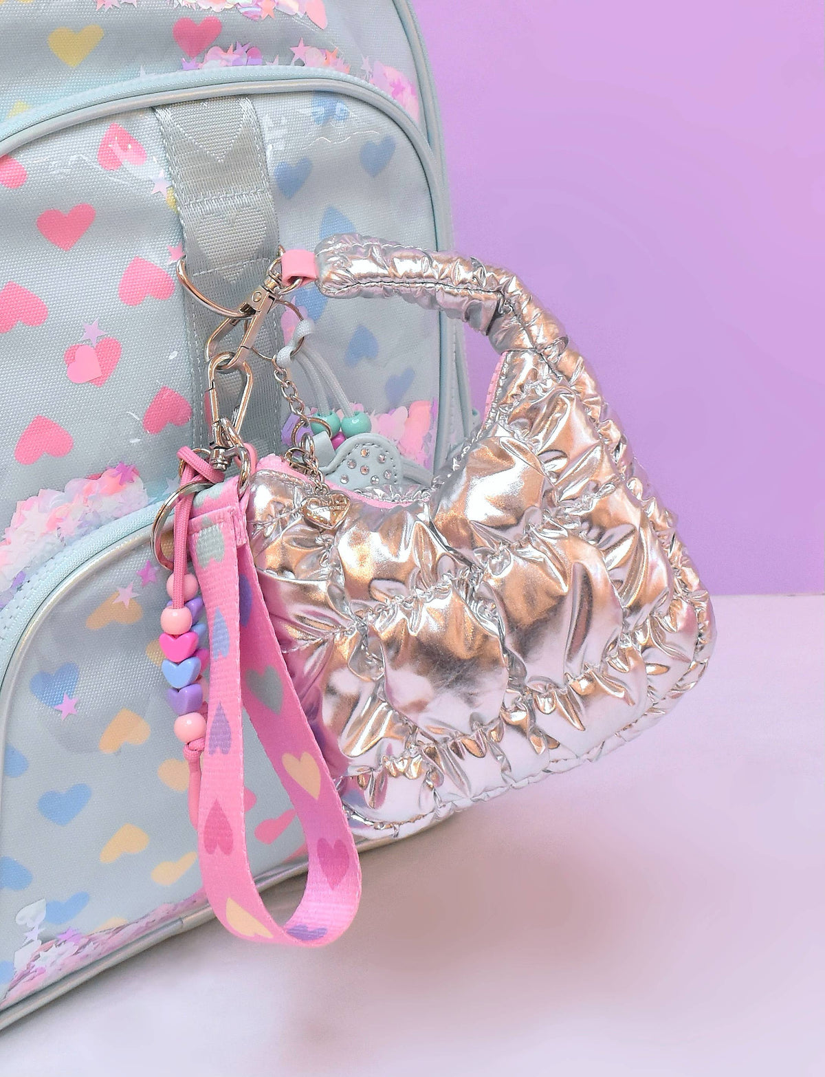 Quilted Mini Hobo Silver Metallic Bag Charm Set