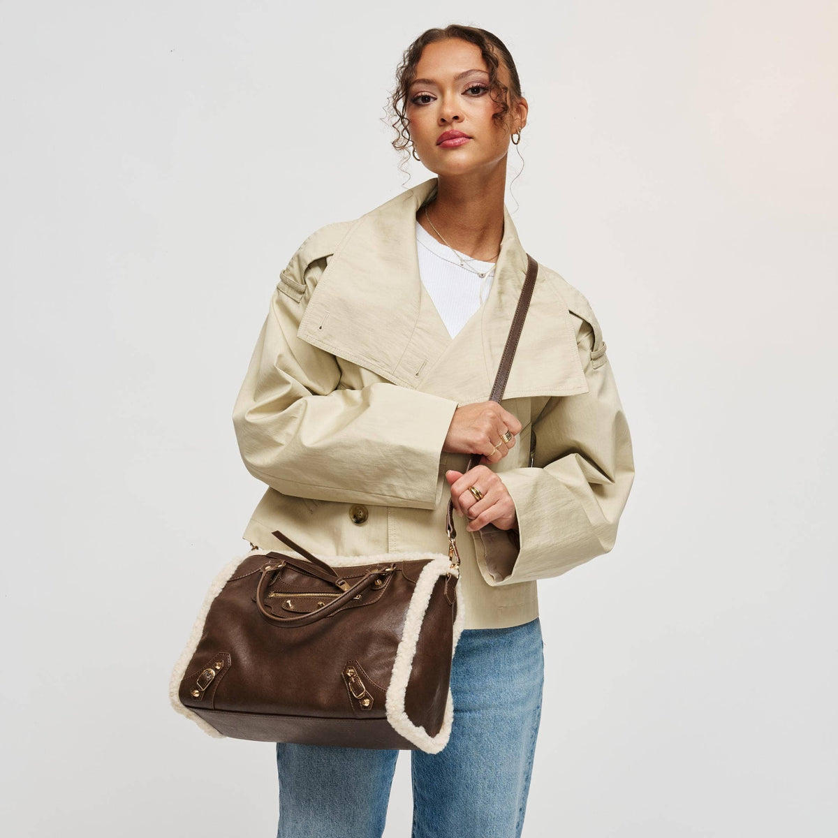 Shearling-trim vegan leather Satchel - chocolate
