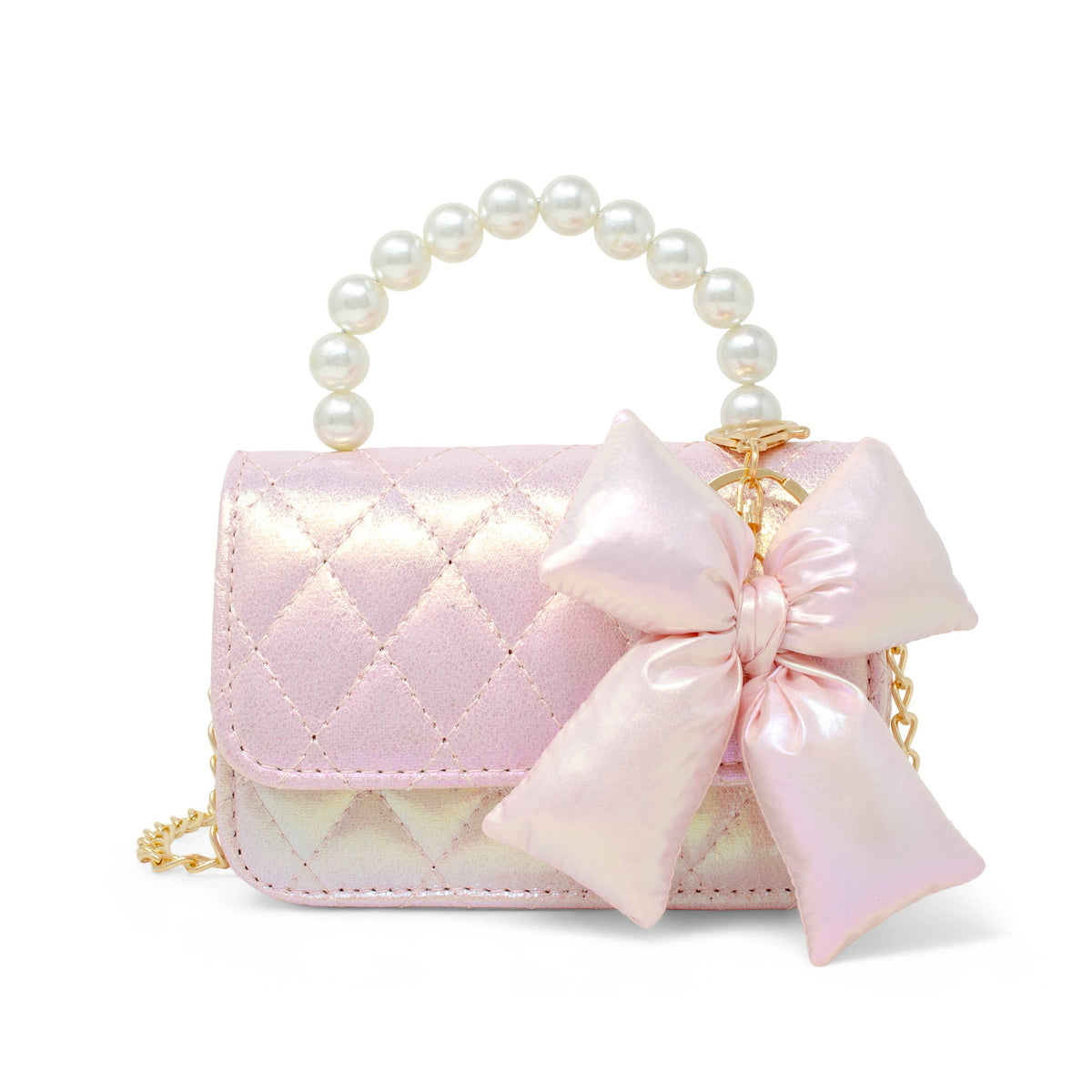 Shiny Quilted Fluffy Bow Handbag: Pink