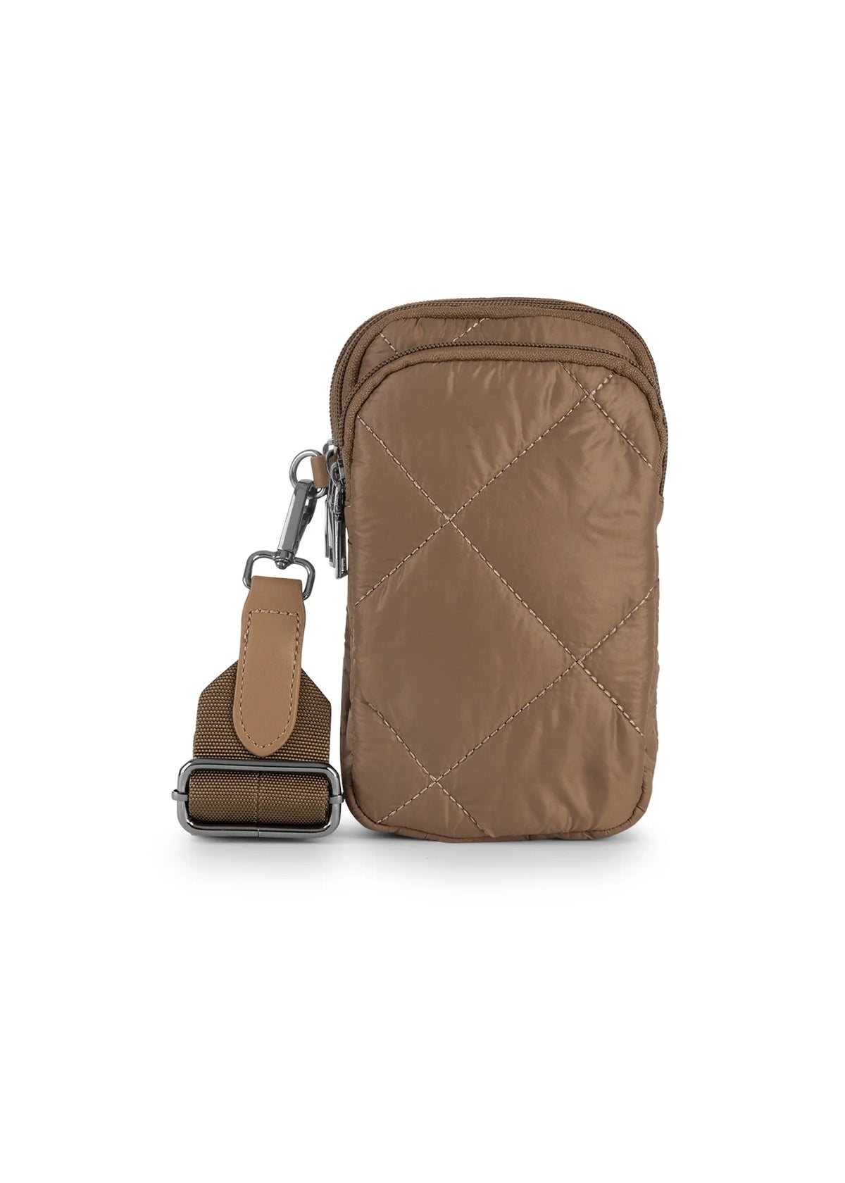 Nylon puffer phone crossbody- camel