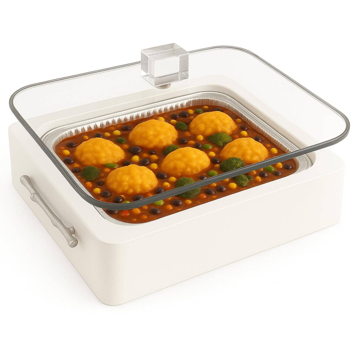 Plat de service transparent avec couvercle, blanc et argent