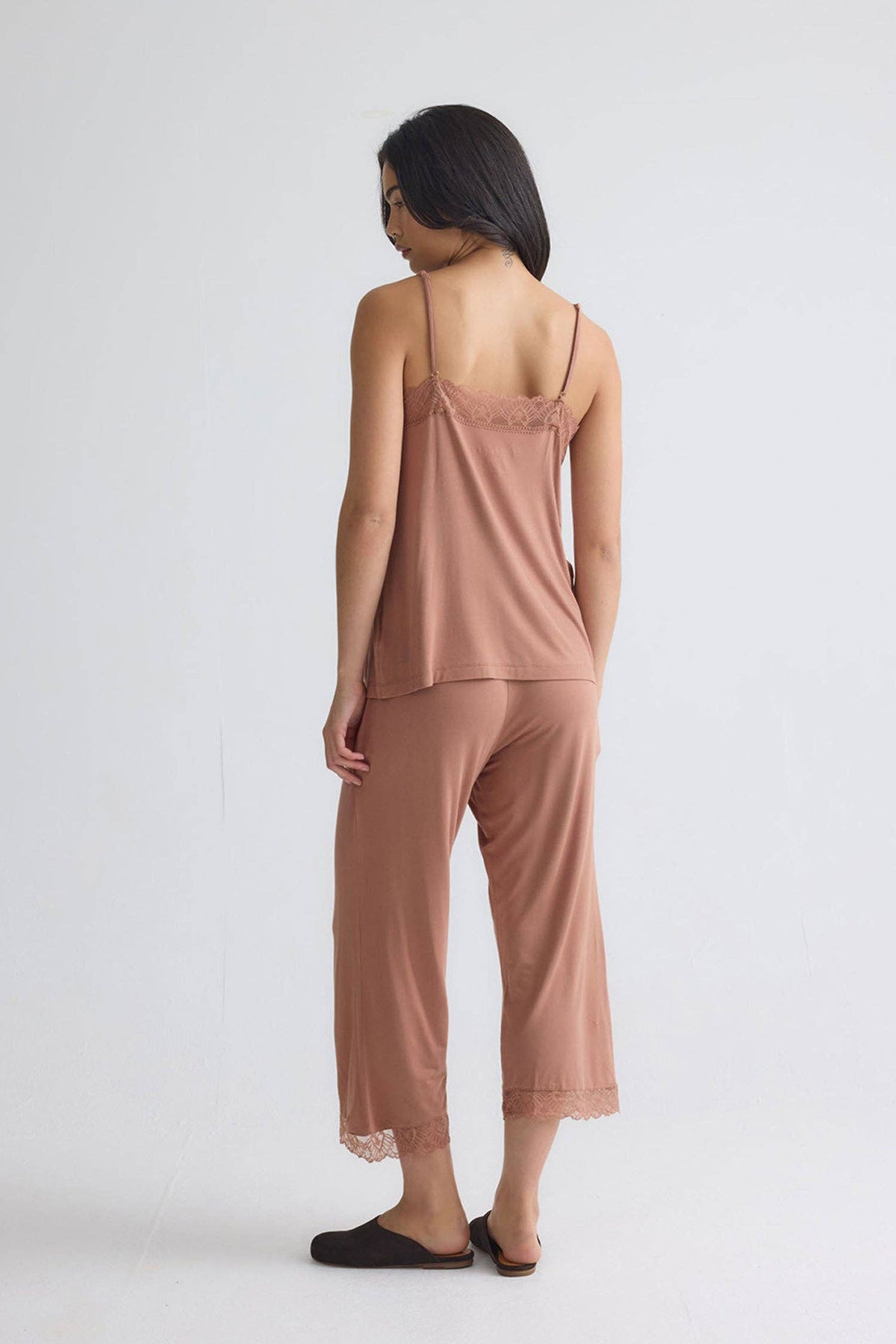 Bamboo Lace Cami Cropped Trouser Pajama Set - Mocha