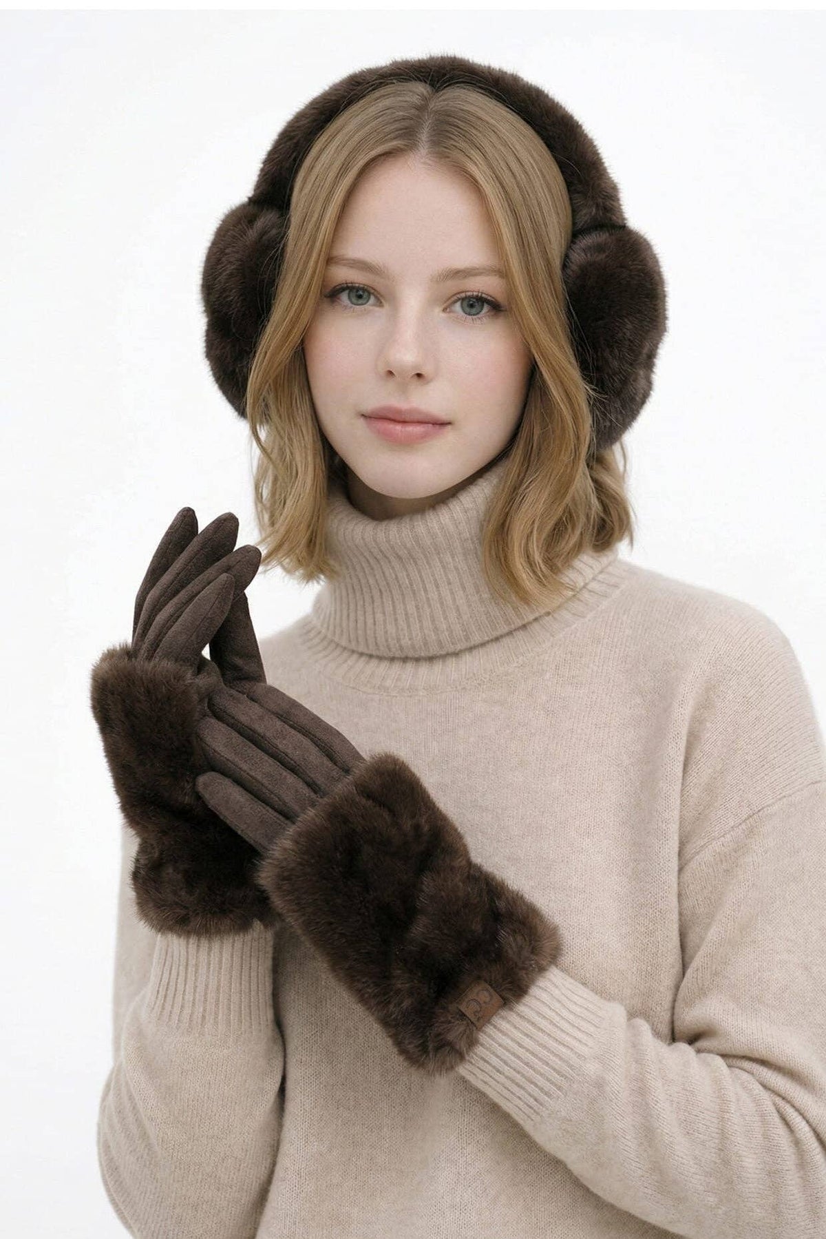 Chocolate brown faux Fur Cuff Gloves