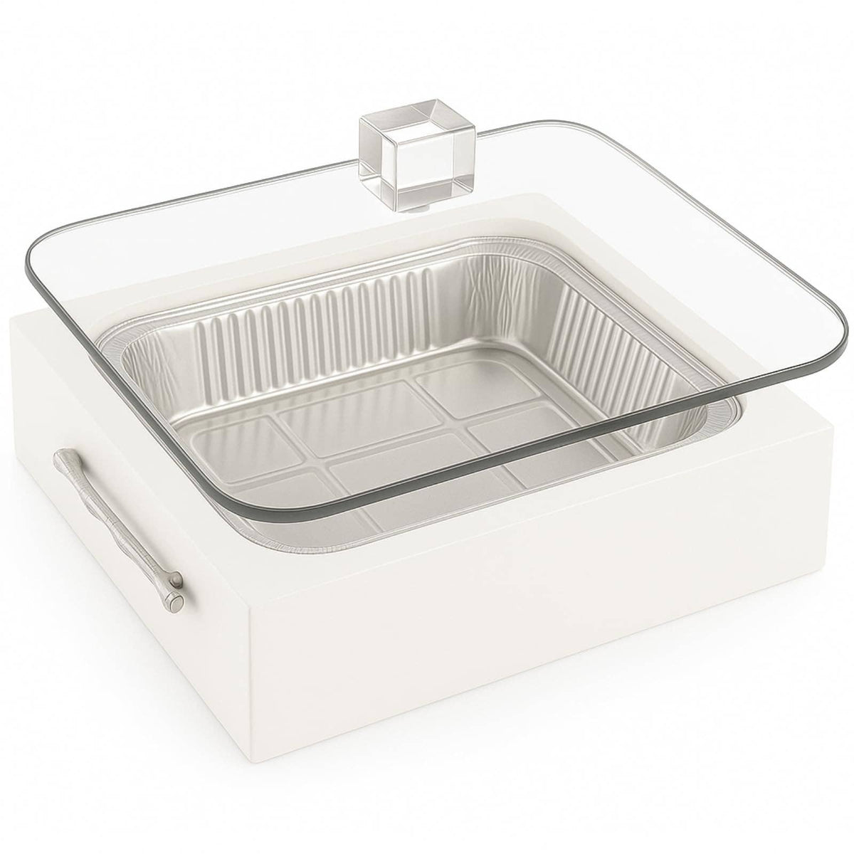 Plat de service transparent avec couvercle, blanc et argent