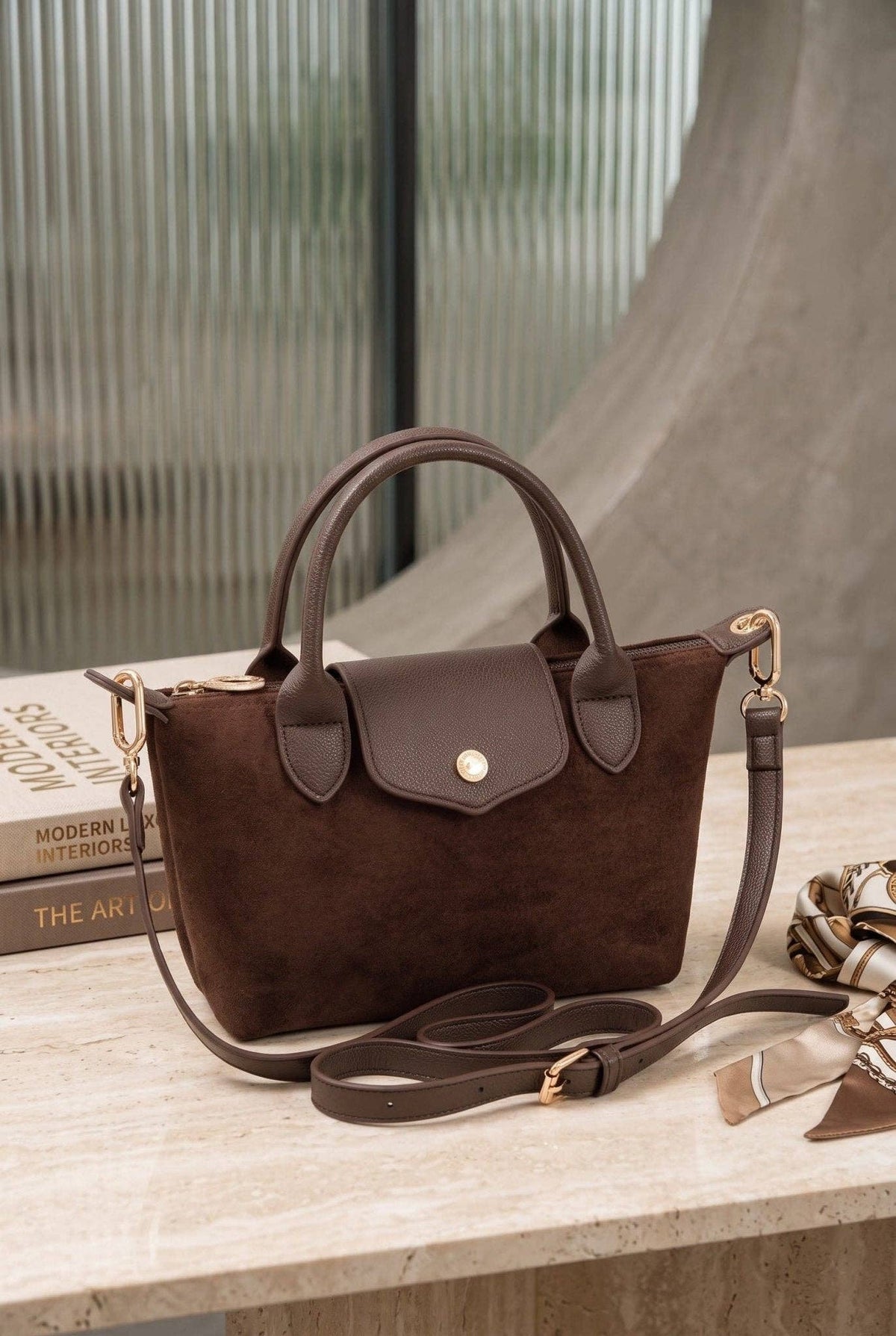 Suede Double Handle Crossbody Bag - chocolate