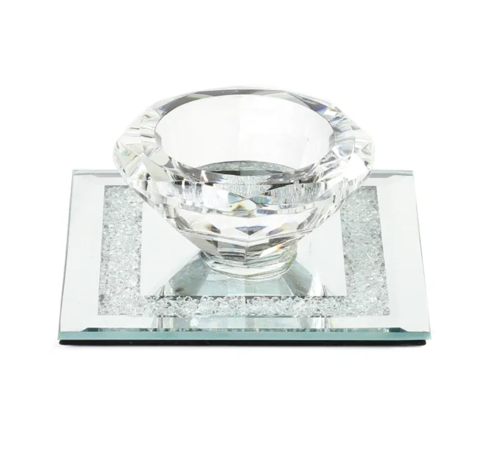 Crystal Candle Holder w Glass Base Square Base 3.5