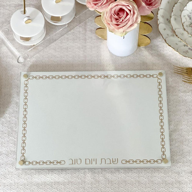 Glass Challah Board with Chain Design Embroidered Leatherette - gold