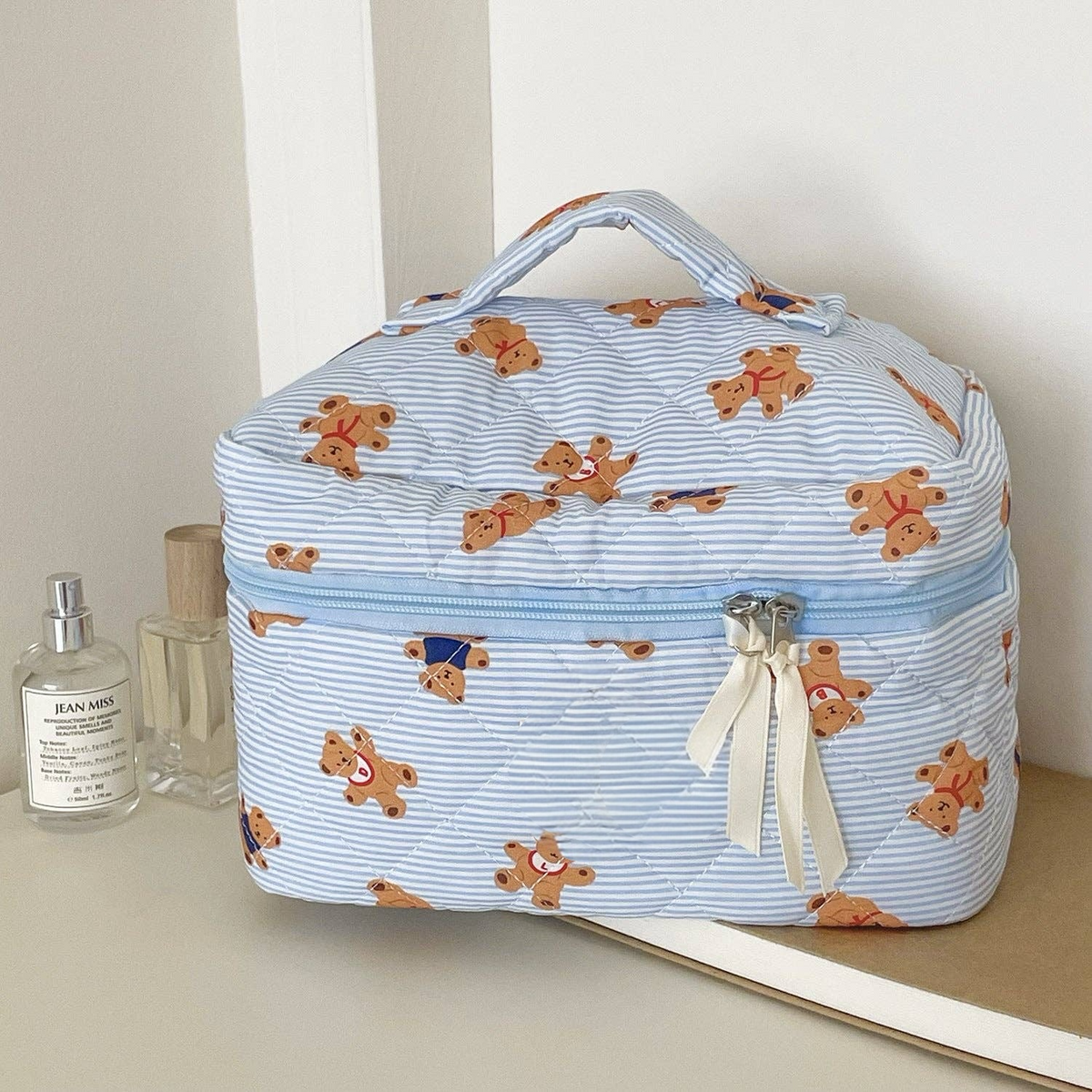 Bear Print Striped Bag: Blue Large