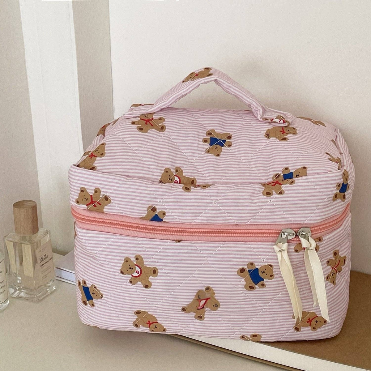 Bear Print Striped Bag:  Pink Large