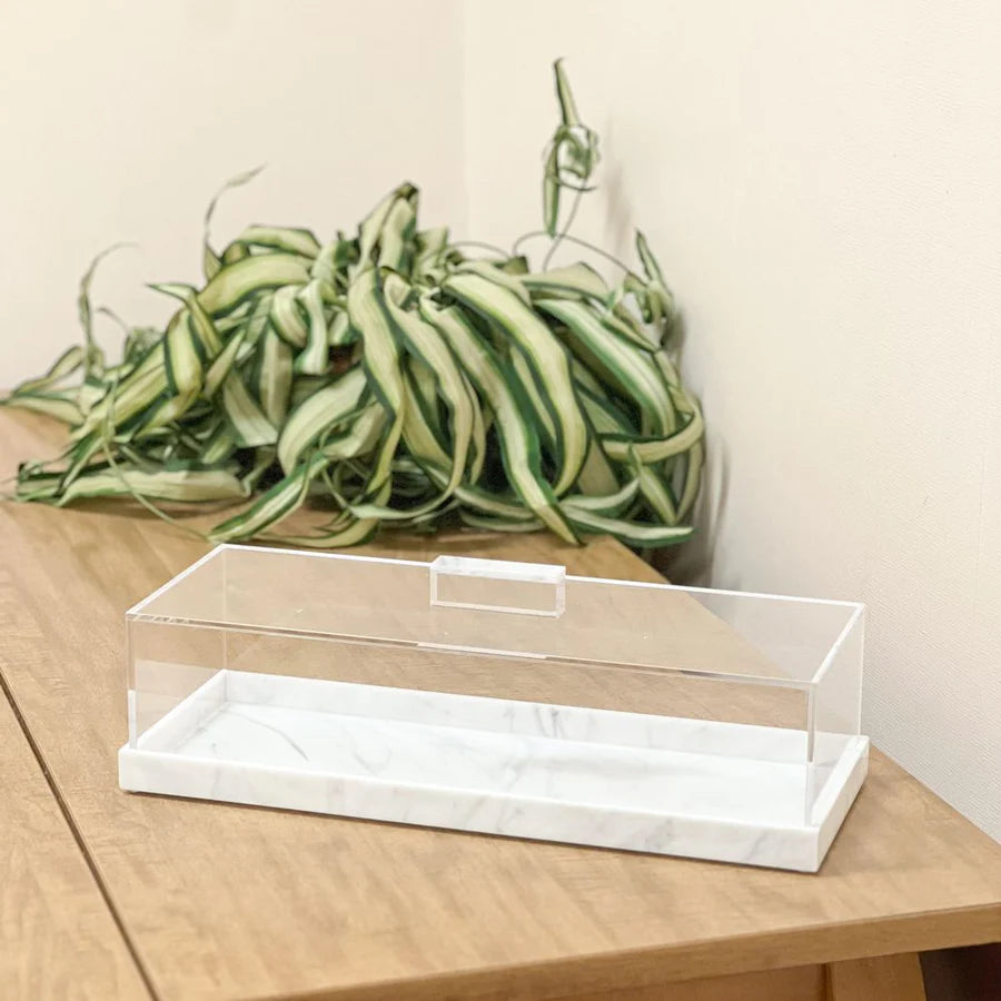 Plateau en Lucite avec base en marbre blanc - grand modèle
