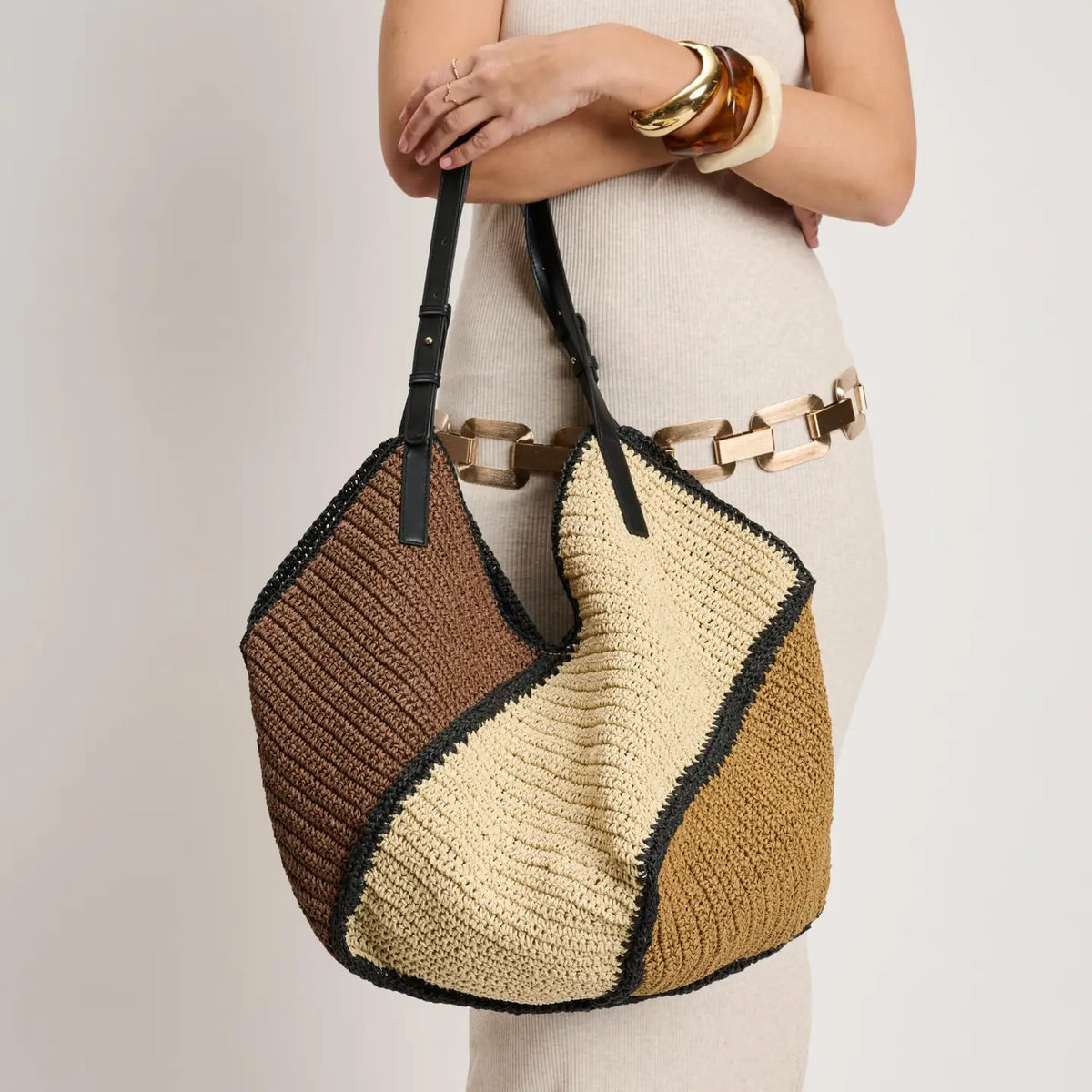 Cabas en raphia multicolore noir et naturel