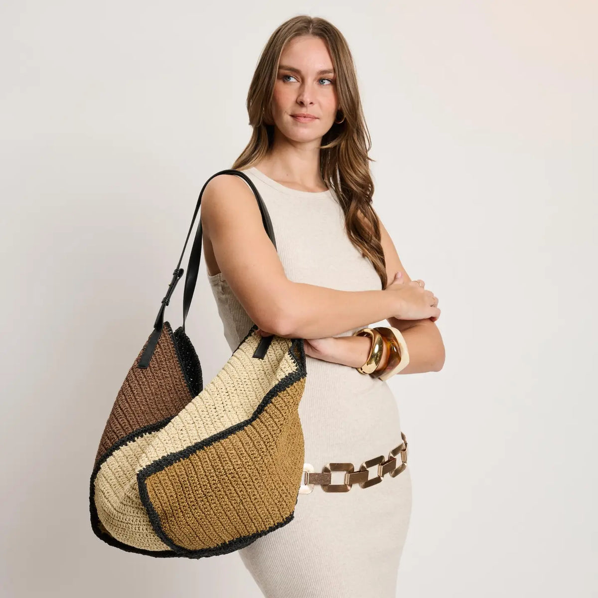 Cabas en raphia multicolore noir et naturel