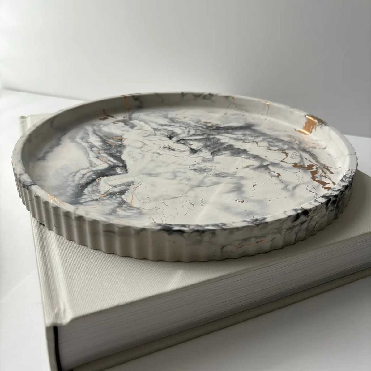 White, black, and gold marble Concrete Fluted Tray
