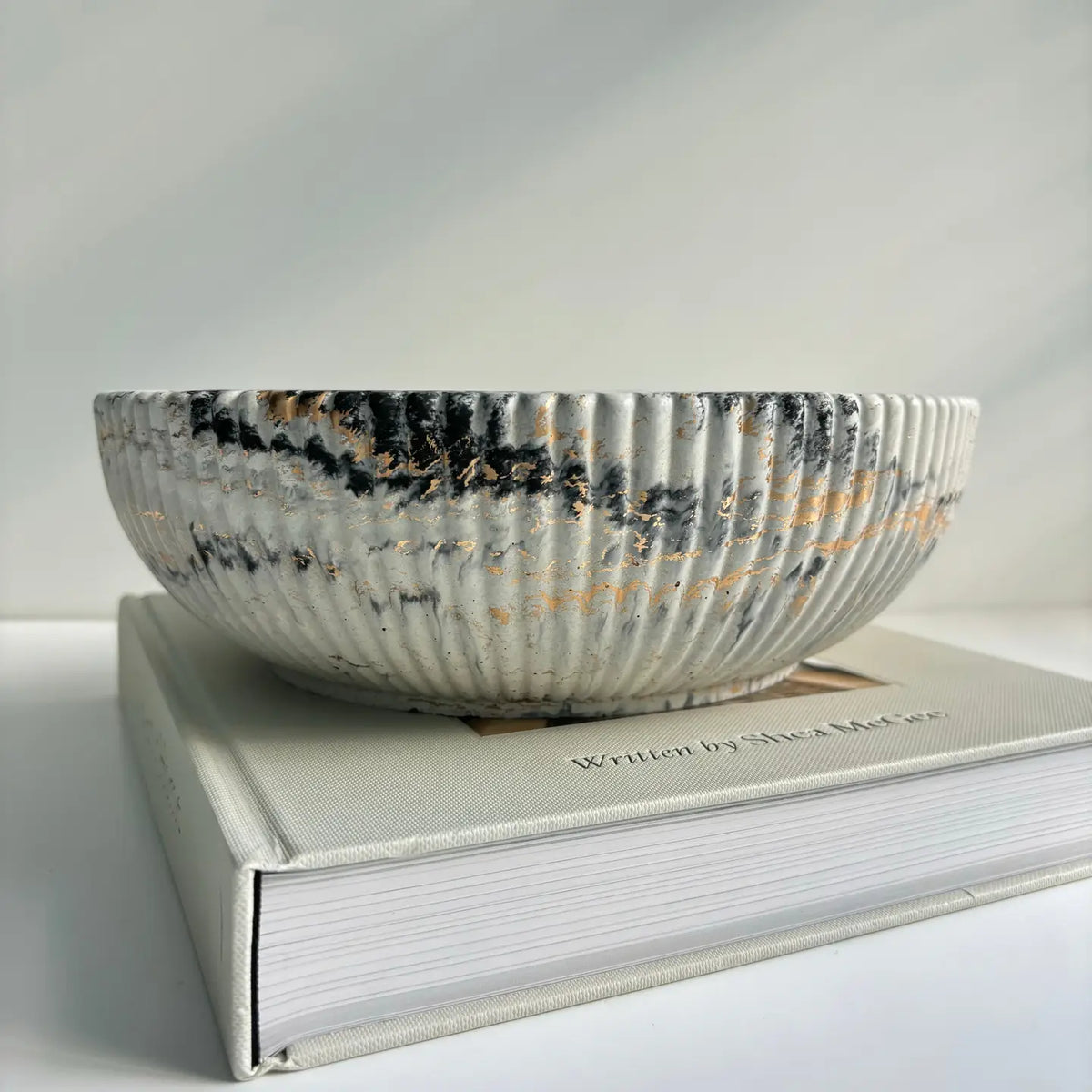 Black marble concrete fluted bowl