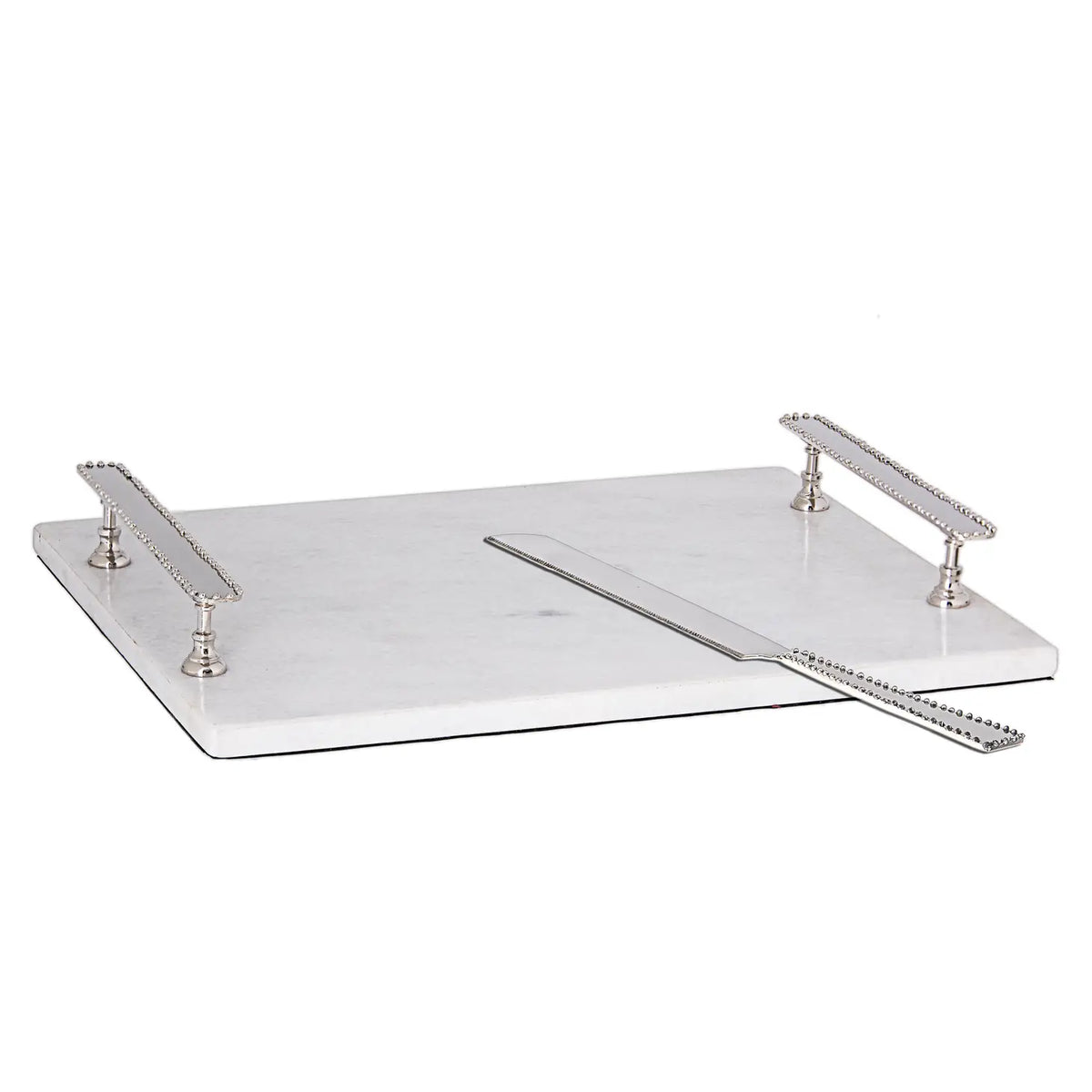 White Marble challah board W/ Knife- Silver Beaded Handles