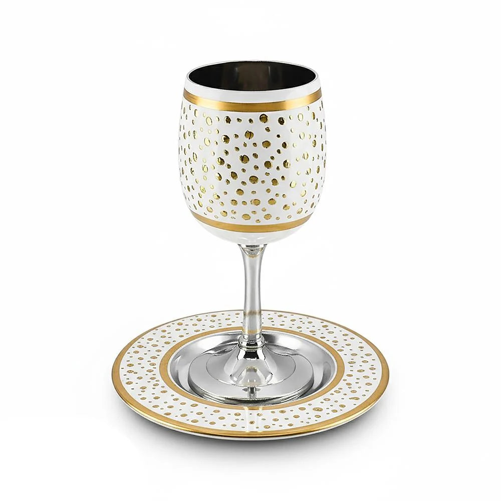 Kiddush cup white enamel with gold dots