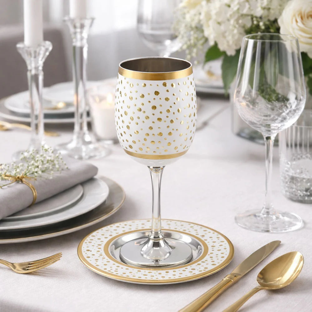 Kiddush cup white enamel with gold dots
