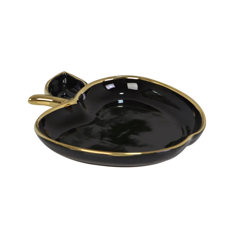 Porcelain Apple Shaped Dish with Gold Trim - black