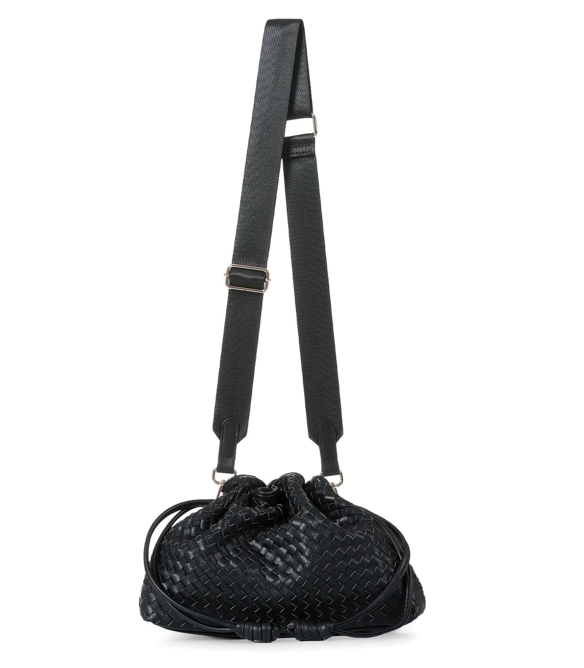 woven vegan leather drawstring convertible crossbody - black
