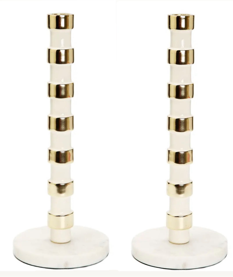 Bougeoirs coniques blancs et dorés sur base en marbre (lot de 2)